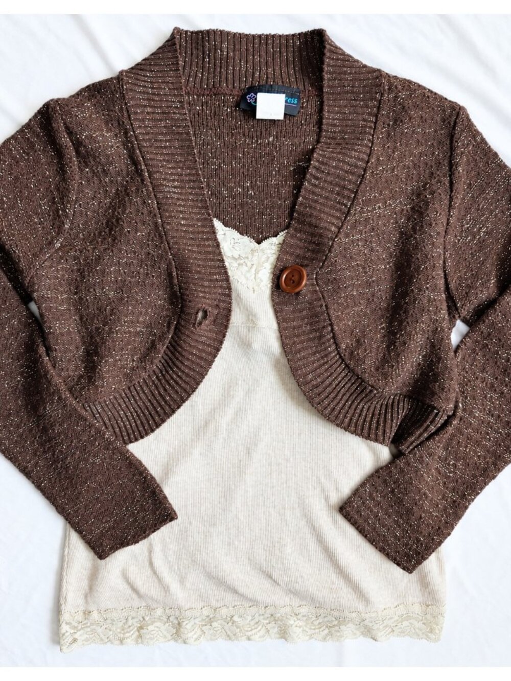 VTG Cardigan Brown Bolero Y2K Coquette LA Express Metallic Knit Size Medium